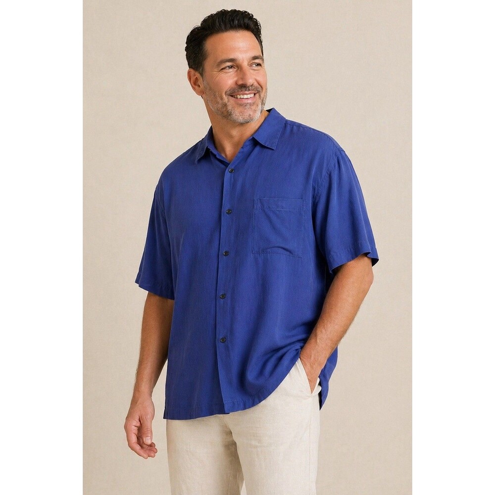 Axcess Men 100% Silk  Shirt XXL Blue Short Sleeve Button Up Casual Lightweight